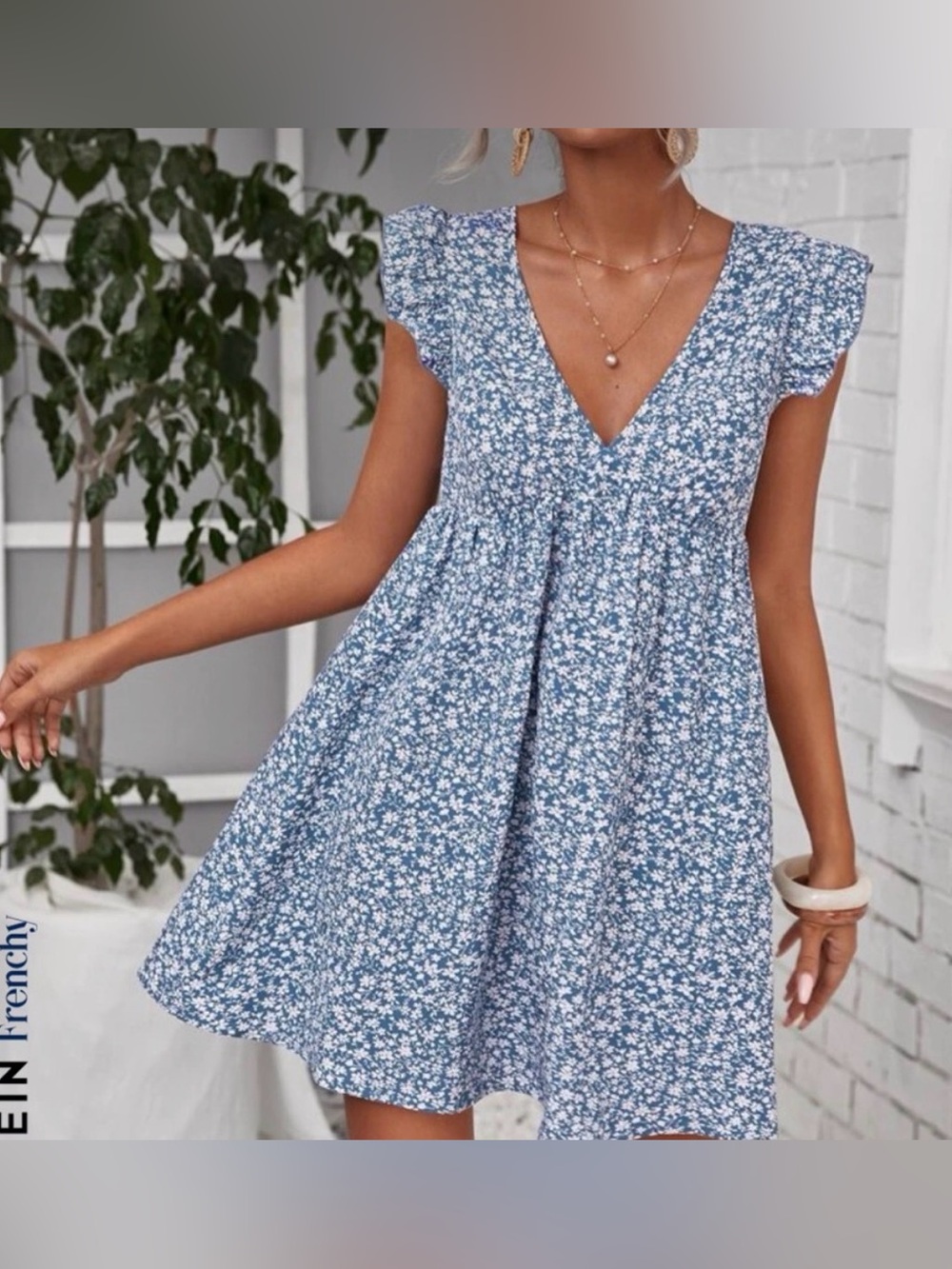 Blue Floral Ruffle-Sleeve Women’s Dress